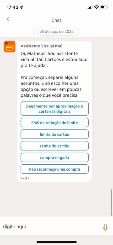 Tela de Chat Itaú Cartões